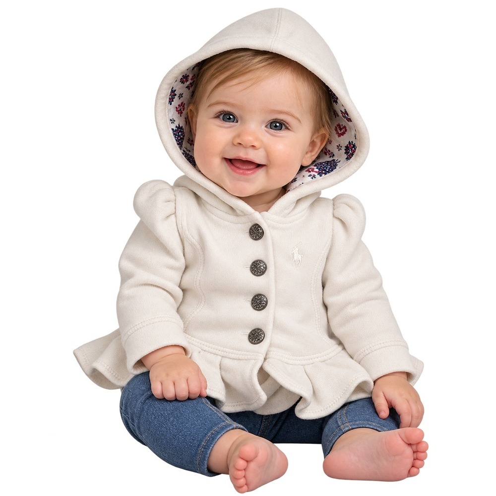 Ralph Lauren Baby Girls 3M Cream Ruffle Peplum Hoodie Jacket Preppy Cottagecore